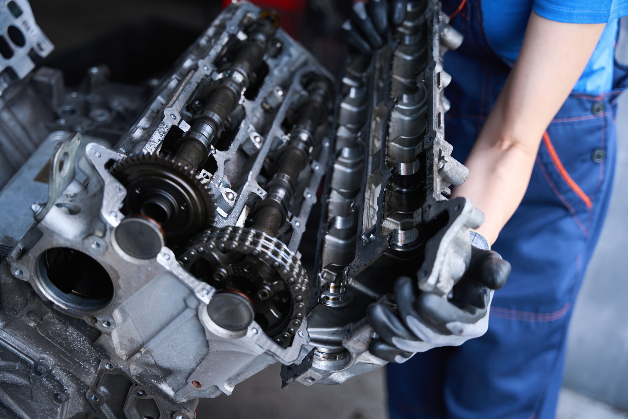 Professional repair of a car engine in car repair shop